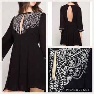 Boho Embroidery Black 3/4 Sleeve Dress Large Size